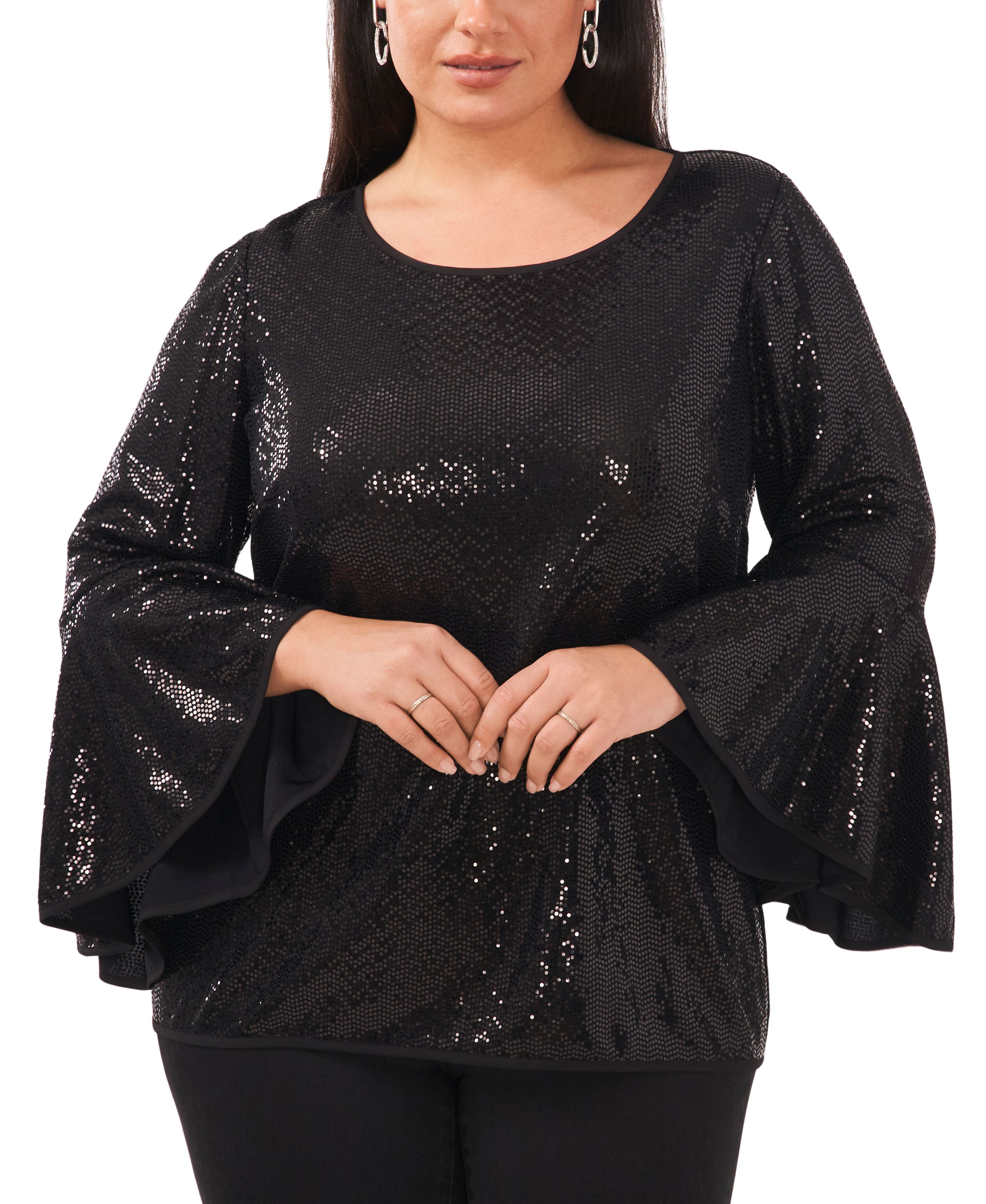 Plus Size Sparkle Bell-Sleeve Top Rich Black 3X